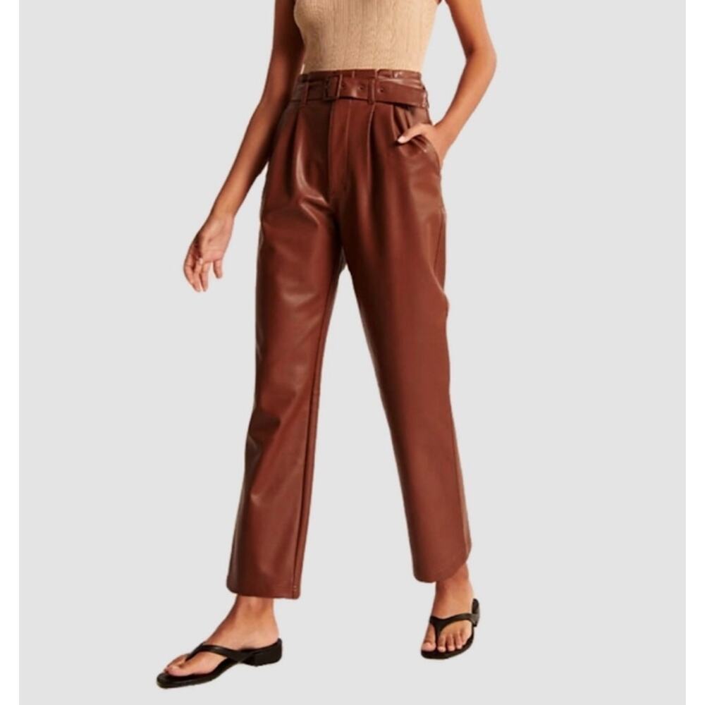 Abercrombie & Fitch Paperbag Belted Straight Leg Pants Faux Leather, Brown NWT